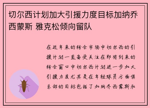 切尔西计划加大引援力度目标加纳乔西蒙斯 雅克松倾向留队